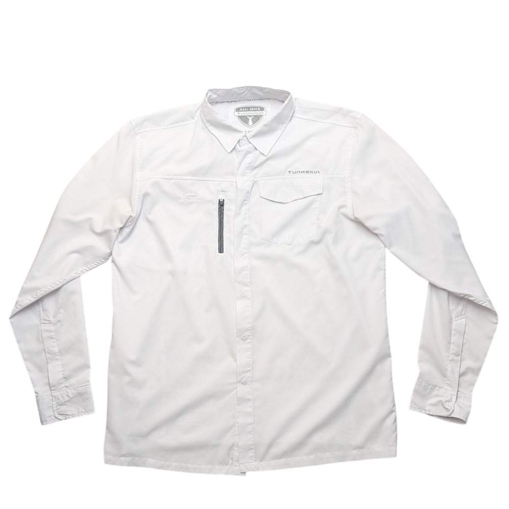 Tunaskin Ahi One Fishing Shirt Mens Medium White Long Sleeve Vented Ripstop